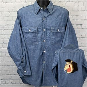 Vintage 70s Orangutan Button Front Shirt Denim Chambray Chenille Blue XL X-Large